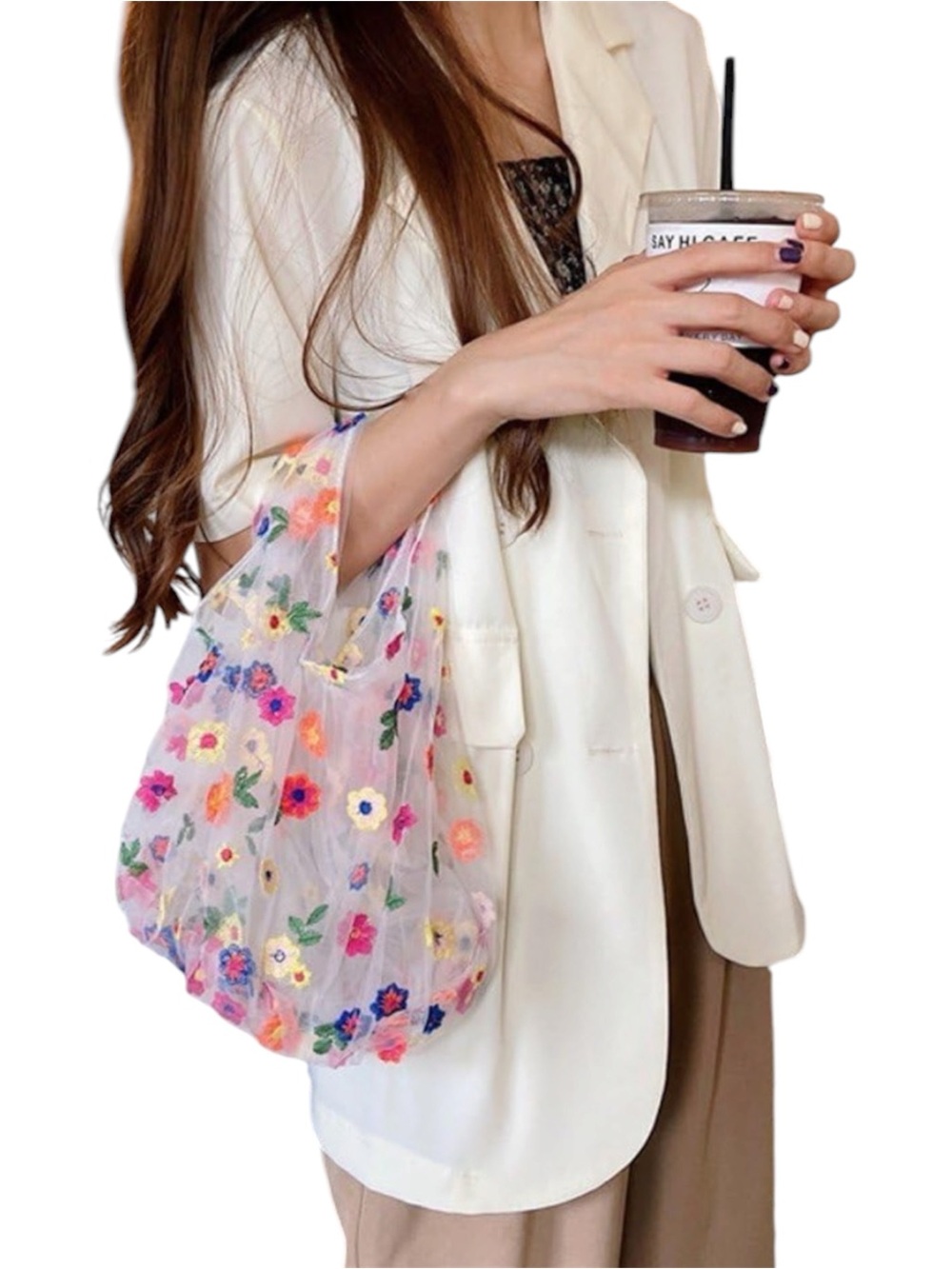 Embroidery Flower Handbag Transparent Mesh Shopping Mesh Tote Bag